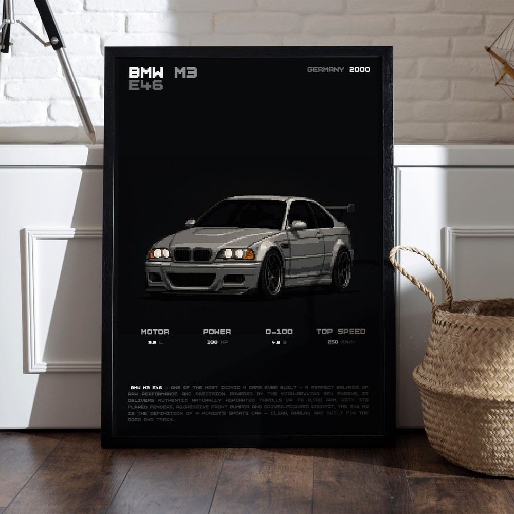 BMW E46 M3 2000 Poster Pixel Art Specs German Performance Wall Decor