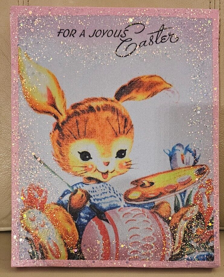 Retro Kitschy Cute Easter Bunny Spring Pink Sparkles Canvas Print 8″ x 10″