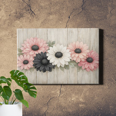 Daisy Flowers on White Wood Background Pink Gray Framed Canvas