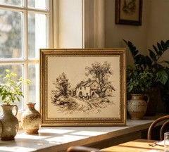 Vintage Gold Framed Sketch Cottage Canvas Wall Art,Retro Farmhouse Painting P…