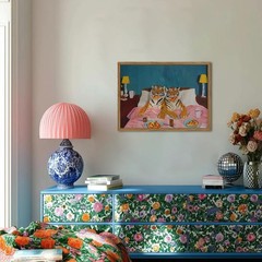 Framed Funny Tiger Wall Art, Eclectic Tigers Eating Pizza in Bed Pictures Wal…