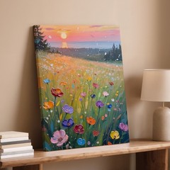 Colorful Wildflowers Field Landscape Sunset Canvas Wall Art Nature Print Home