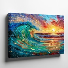 Vibrant Ocean Wave and Colorful Sunset Abstract 75x75cm Nautical Wall Art Print