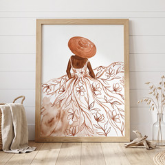 Terracotta Floral Dress Watercolor Poster Woman Straw Hat Wall Art Boho Print