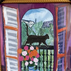Sapna Shah Black Cat on Ledge Pink Paris Tea Time Floral Window Scene White Gold
