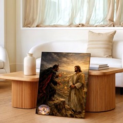 Wall Art Religious Painting Jesus and Devil Mountain Cliff Scene Canvas Print