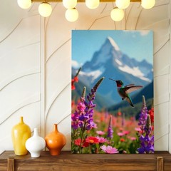 Wall Art Hummingbird in Wildflower Meadow Mountain Landscape Floral Print Decor