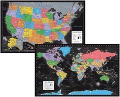 2 Pack – Laminated World Map & US Map Poster Set – Wall Chart Map of the World &