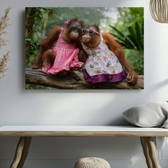 Cute orangutan monkeys in colorful dresses with sunglasses canvas wall art print