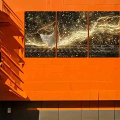 3pcs A Woman Walking Over A Rooftop With Swirls Of Lights Canvas Unframed/Framed