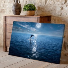 Wall Art Serene Night Scene Featuring A Dolphin Gracefully Leaping Out Of Calm