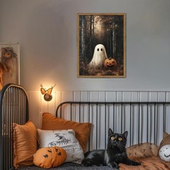 Framed Vintage Halloween Ghost Canvas Wall Art, Cute Ghost Pumpkin Wall Decor…