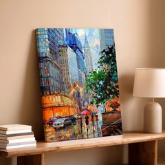 Wall Art City Street Rainy Urban Painting Skyscraper Lights Canvas Print Decor
