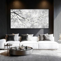 Large 29″x58″ White Black and Gold Plum Blossom Canvas Black Frame Wall Art M…
