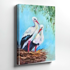 Wall Art White Stork Bird Pair Nest Canvas Painting Nature Wildlife Home Decor