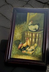 Vtg Rooster Chickens Farm Life Oil Painting on Canvas Frame 30X20.5″ Art 25X16″