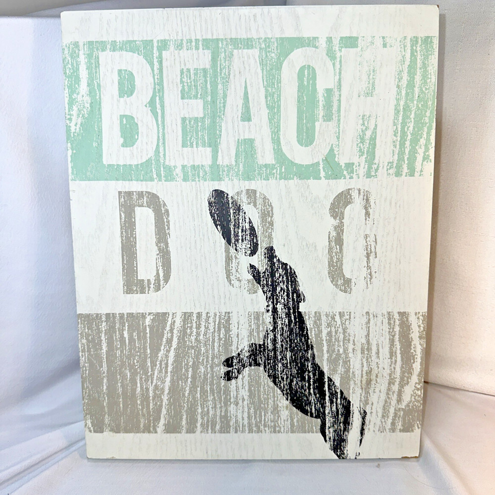 Home Decor Wall Art 11×14 “Beach Dog” Rustic. Solid Cream /Tan/ Sea Foam Green