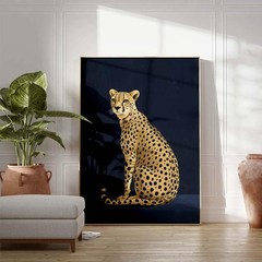Yellow Cheetah Poster | Vintage Style Animal Wall Art on Dark Blue