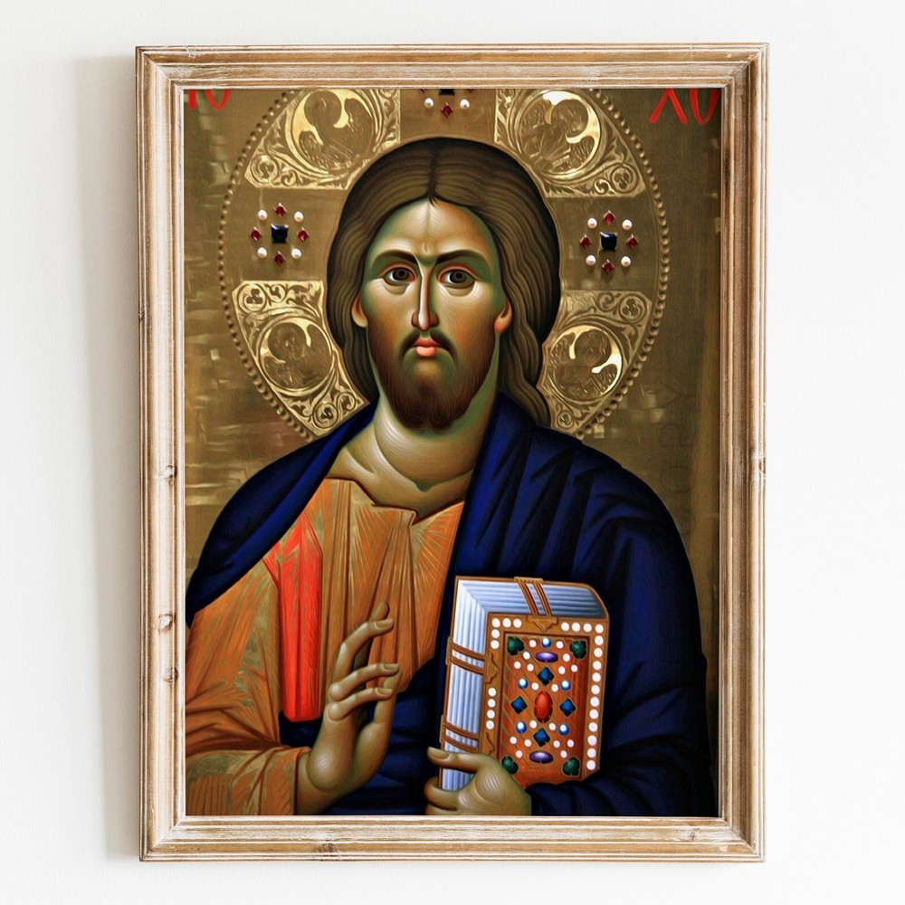 Christ Pantocrator Icon Aghiou Pavlou Monastery Mount Athos Wall Art Print