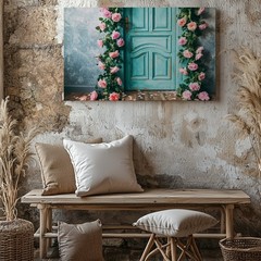 Weathered Turquoise Door Stands Prominently Against A Backdrop Of A Wall Art