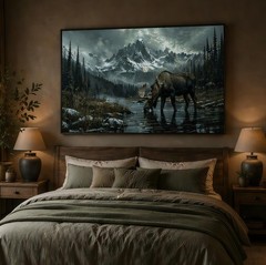 Majestic Moose in Misty Mountain Forest Canvas Wall Art – Rustic Nature Print