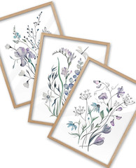 Blue Floral Wall Art Set of 3 – Natural Oak Frame, 12×16 in Wildflower Prints