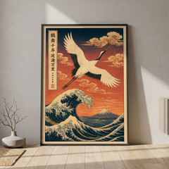 Japanese Crane Great Wave Mt Fuji Ukiyo-e Wall Art Poster Vintage Japan Decor