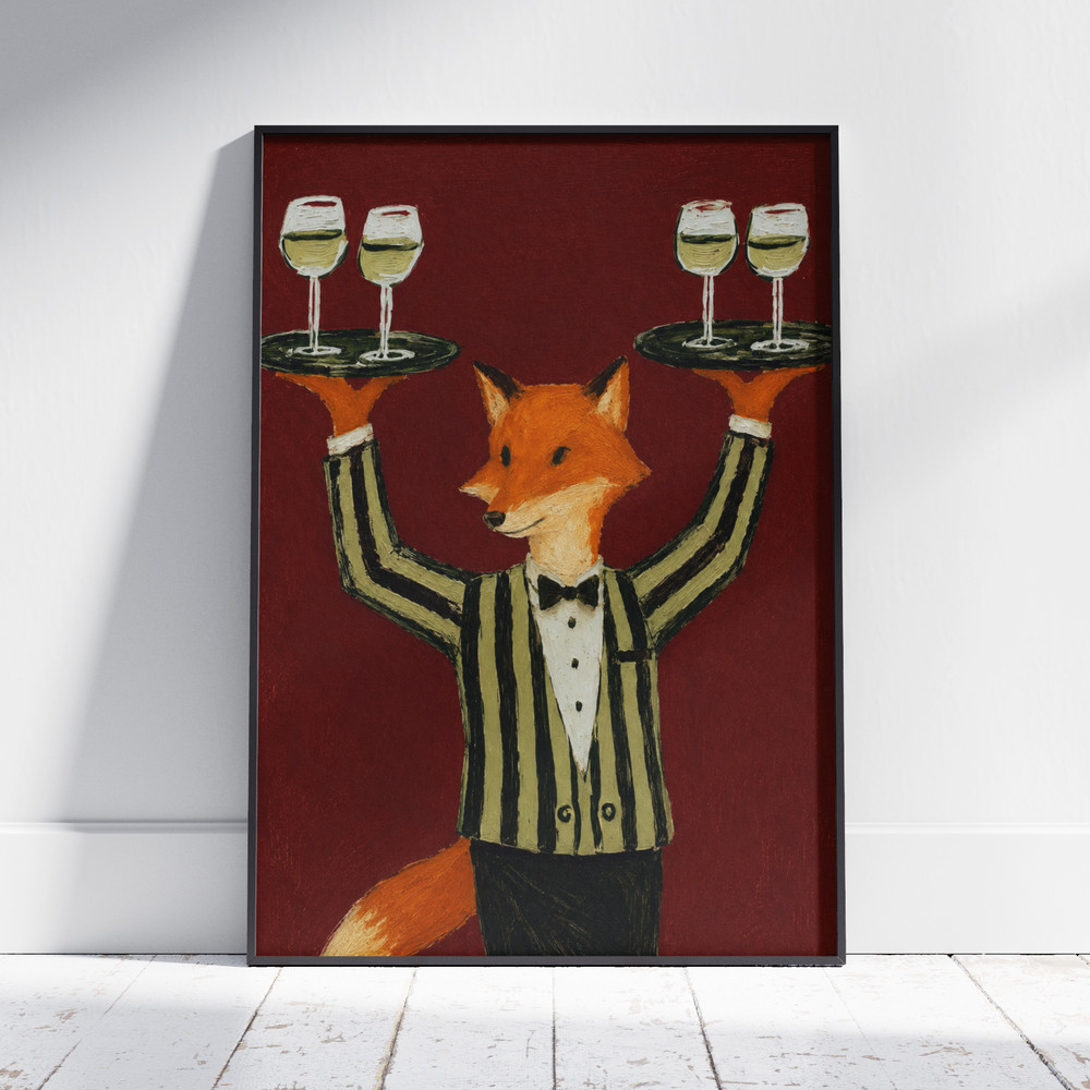 Fox Waiter Art Poster – Stylish Animal With Wine – Unique Kitchen Wall Decor