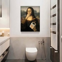 Framed Funny Mona Lisa Bathroom Canvas Wall Art Ready to Hang Decor