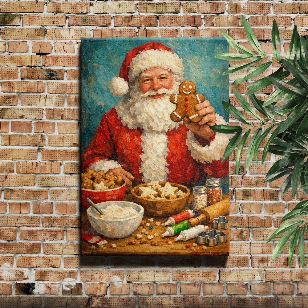 Santa Baking in Kitchen Christmas Canvas Artwork Unframed Wall Decal