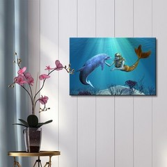 wall26 – Canvas Prints- A Friendly Dolphin Greets a Mermaid Undersea – 24″ x 36″
