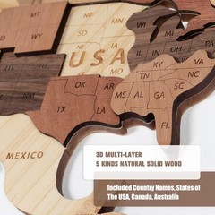 Wooden World Map 3D, Wood World Map Wall Art, Multilayered Wooden Map