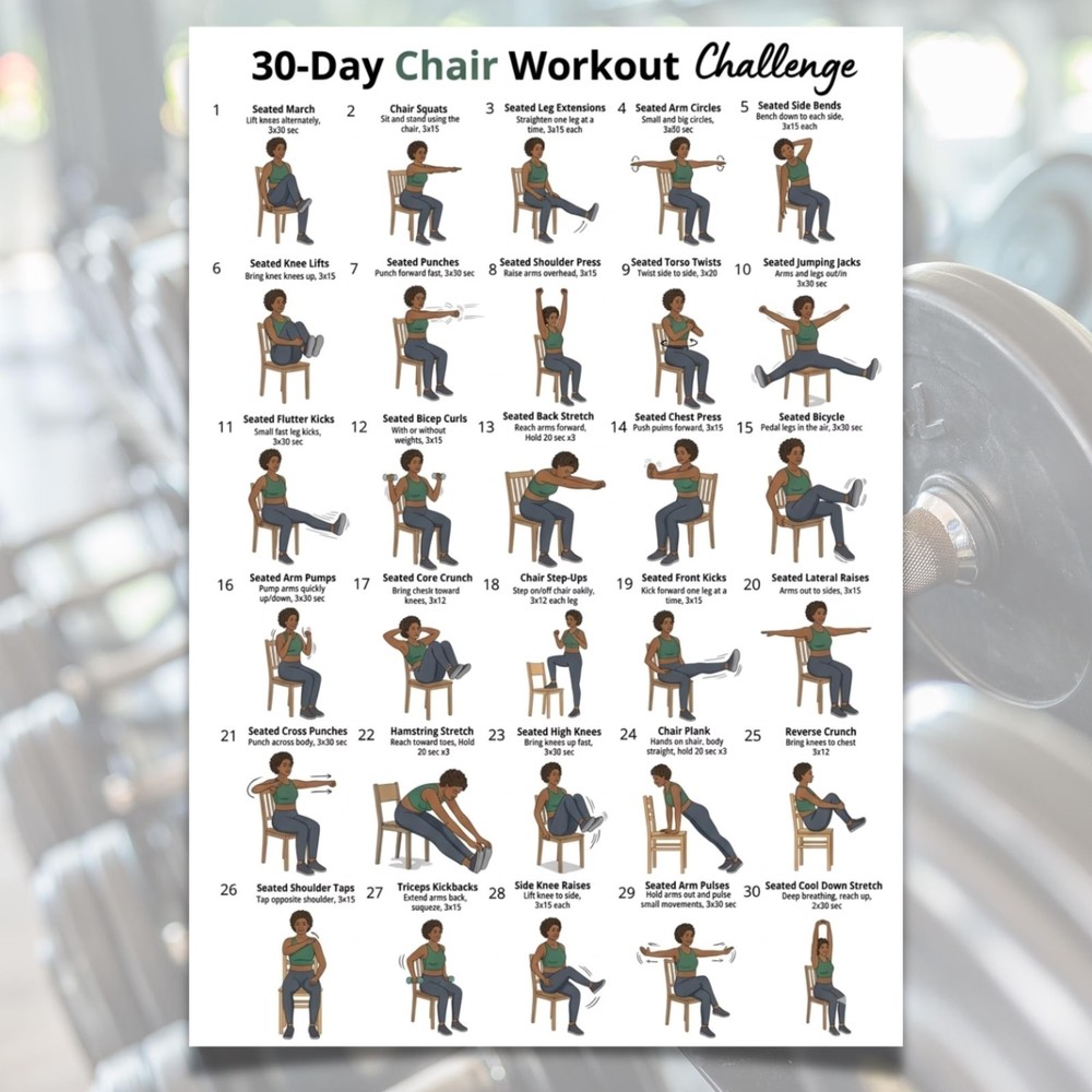 30-Day Chair Workout Plan, Low Impact Seated Exercise Routine, Poster & Canvas