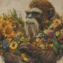 Vintage BIGFOOT HEART Wall Art, SASQUATCH Botanical Decor, Cryptid Flower Poster