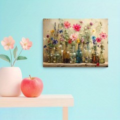 Canvas Art Framed Glass Bottle Wild Cosmos Flower Vintage Still Life Oil Decor
