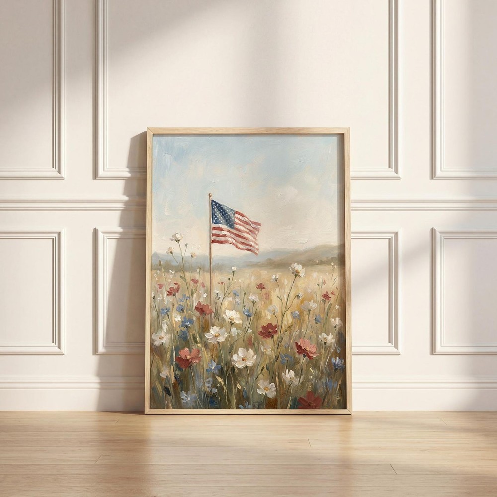 American Flag Wall Art, Patriotic Wildflower Field Painting, 4th of July Poster