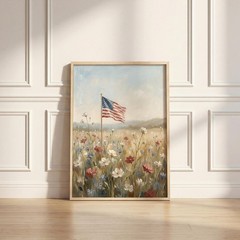 American Flag Wall Art, Patriotic Wildflower Field Painting, 4th of July Poster