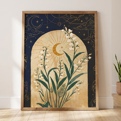 Lily of the Valley Poster Celestial Moon Clouds Floral Vintage Wall Art Decor