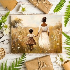 Canvas Art Framed Mother And Little Girl Hold Hands Wheat Field Warm Oil Decor