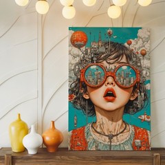Surreal Urban Cityscape Glasses Girl Canvas Wall Art Modern Fantasy Print Home