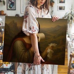 Classical Woman Holding Paper and Toilet Roll Scenic Landscape Canvas Wall Art