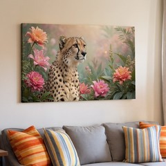 Cheetah in Soft Floral Garden Scene Canvas Wall Art Nature Wildlife Decoration