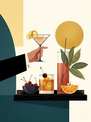 Vintage Bar Cart Wall Art Classic Cocktail Poster Mid Century Modern Print Gift