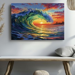 Vibrant Ocean Wave Sunset Coastal Beach Waves Seascape Modern Wall Art Print