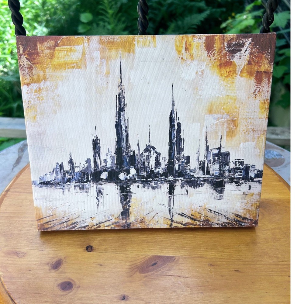 Abstract City Skyline Painting Original Acrylic Canvas Art Black Gold 10×8 Small
