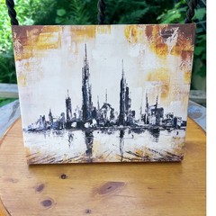 Abstract City Skyline Painting Original Acrylic Canvas Art Black Gold 10×8 Small