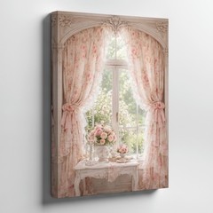Shabby Chic Rose Floral Curtains And Vintage Table Canvas Wall Art Print Home