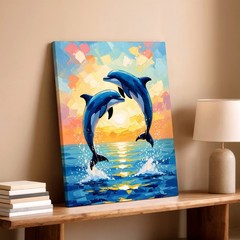 Wall Art Dolphin Pair Ocean Sunset Canvas Print Colorful Coastal Home Decor