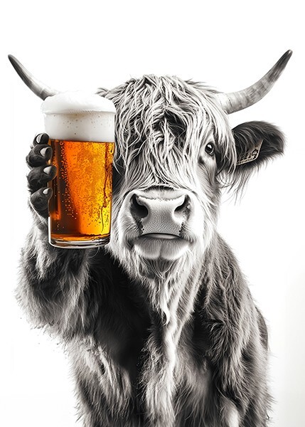 Highland Cow Drinking Beer – Cute Funny Kitchen Animals – Poster