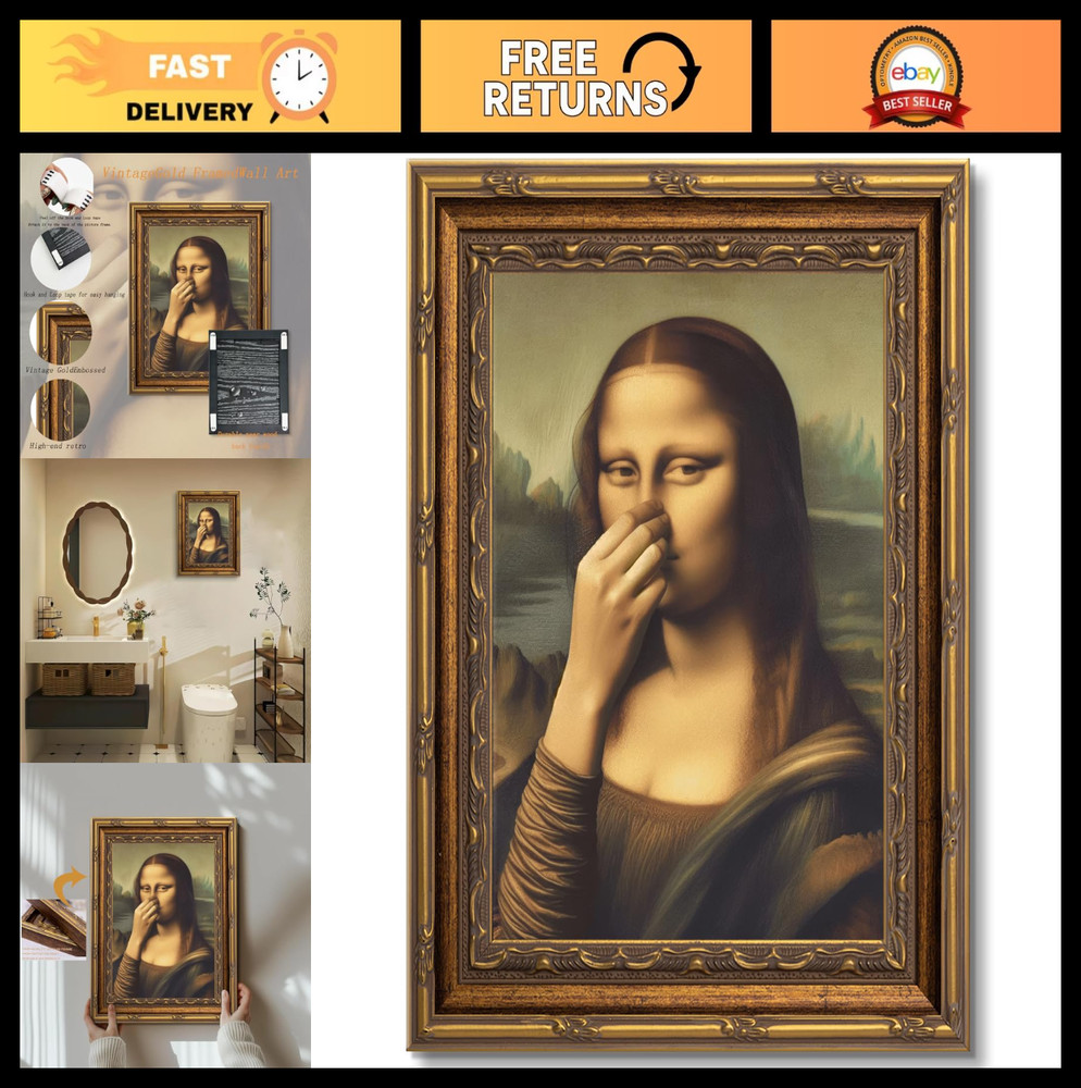 Vintage Gold Carving Frame Mona Lisa Canvas Wall Art – Funny Bathroom Decor, 9×1